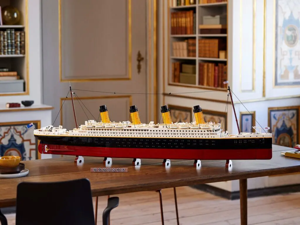 Model ship displayed on wooden table