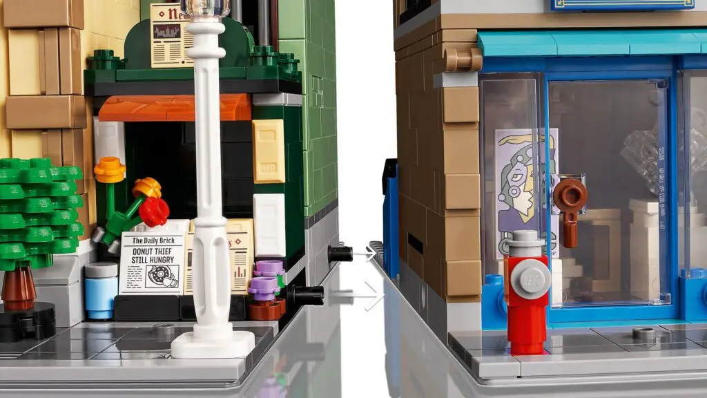 Lego set featuring streetlamp and storefront