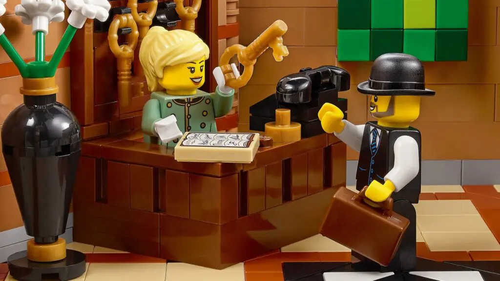 LEGO hotel check-in scene