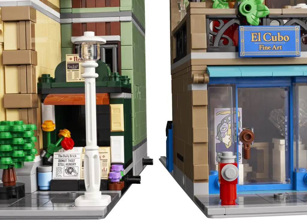 Lego buildings with art gallery and streetlight