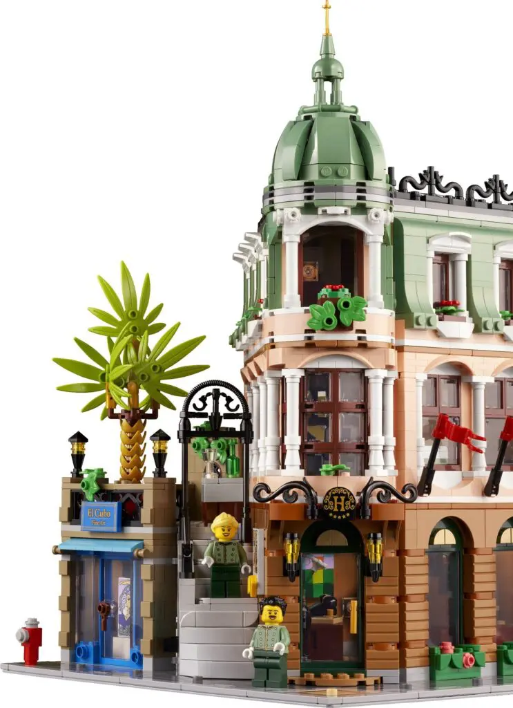 Detailed LEGO structure with palm tree.