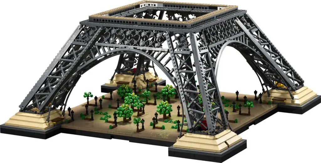 LEGO Eiffel Tower model with trees underneath