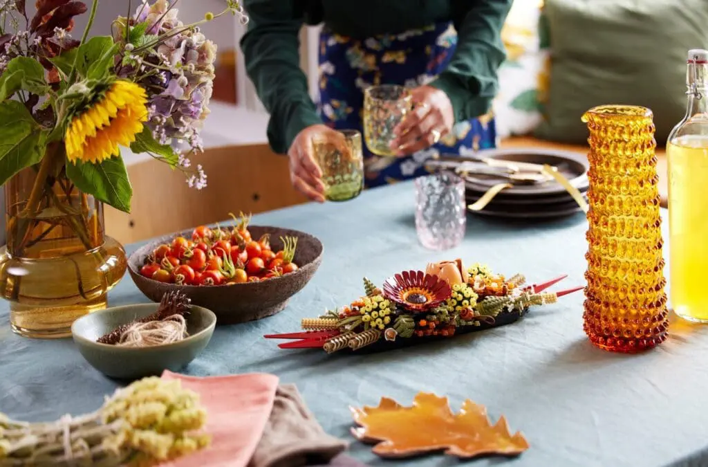 Colorful fall-themed dining table arrangement