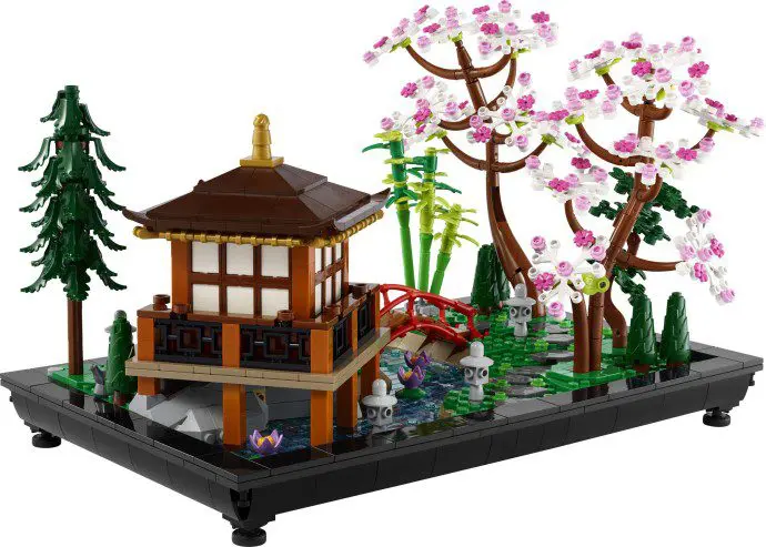 Miniature LEGO pagoda and bridge scene
