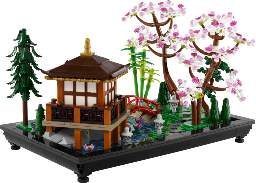 Miniature LEGO pagoda and bridge scene