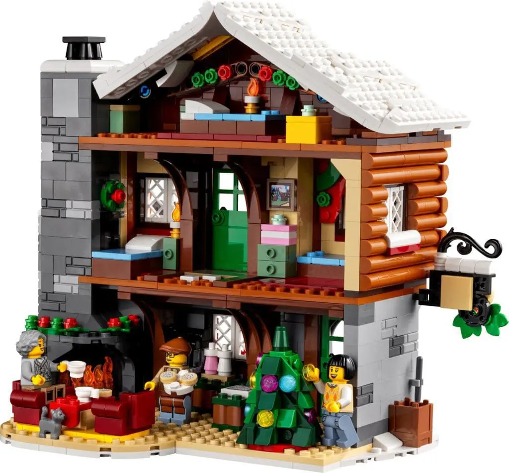 Cozy Lego cabin in snowy setting