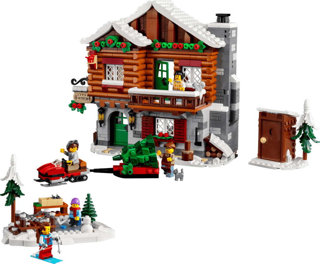 LEGO figures outside a festive winter home