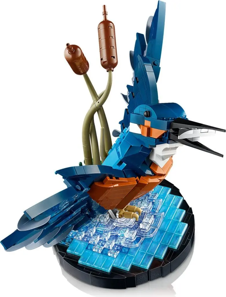Colorful LEGO bird sculpture on display
