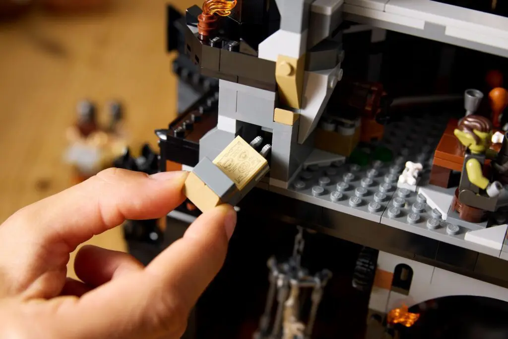 Close-up of LEGO castle assembly.