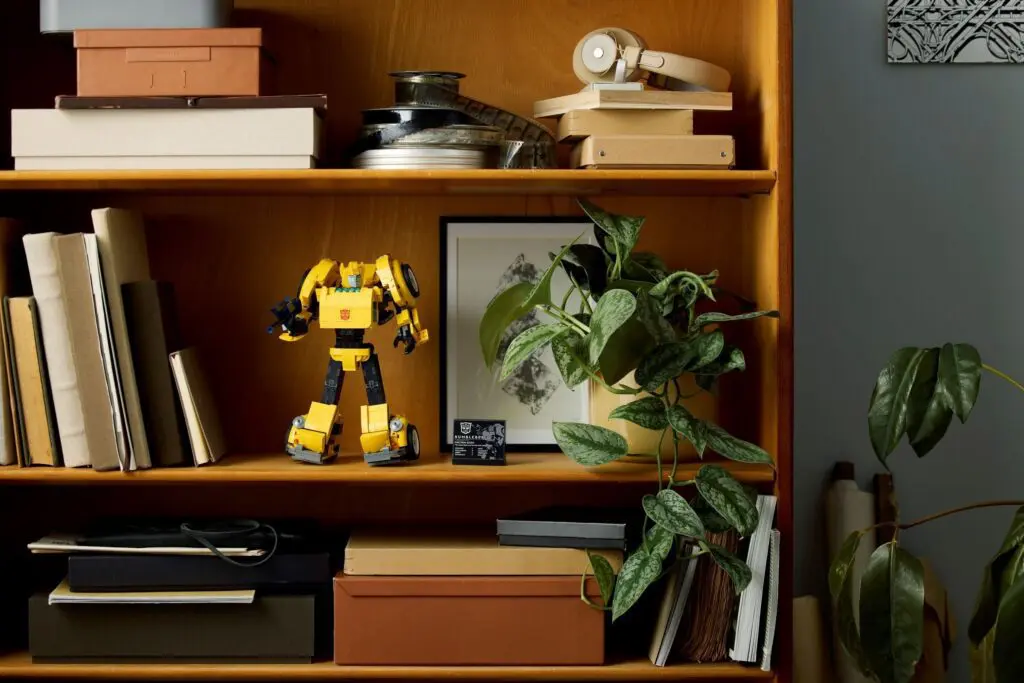 Indoor shelf featuring books and a yellow toy