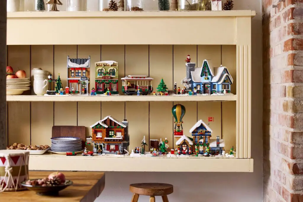 Christmas village decorations on shelf