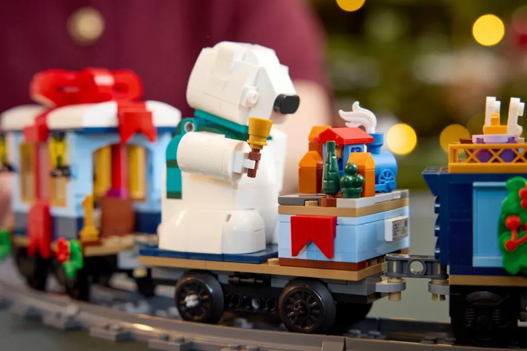 LEGO holiday train with festive decorations