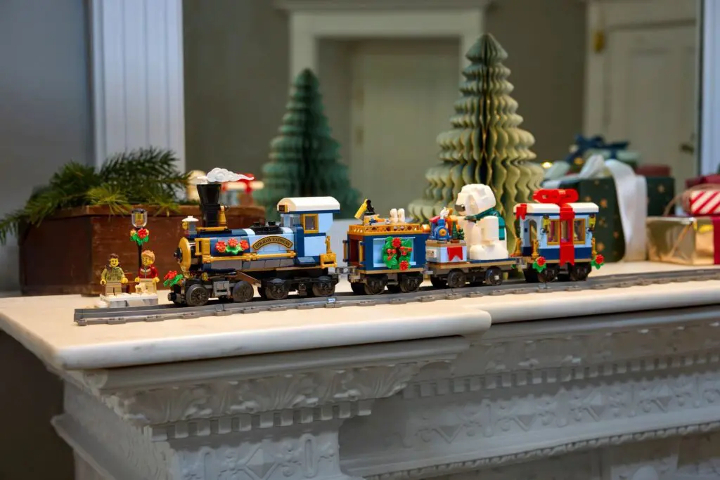 Toy train on festive mantel display