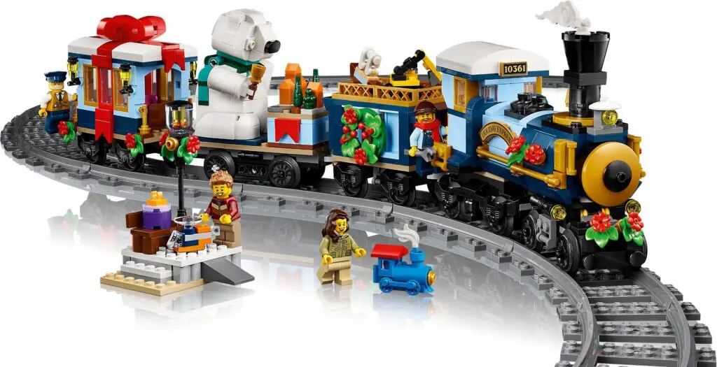 LEGO holiday train set with festive decorations