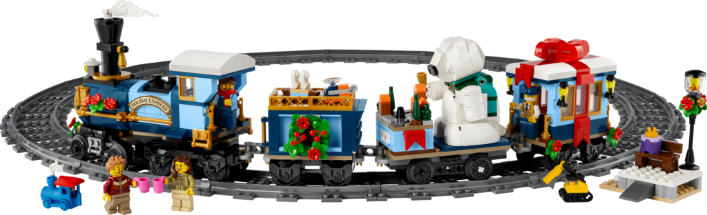 Festive LEGO train with figures and gifts