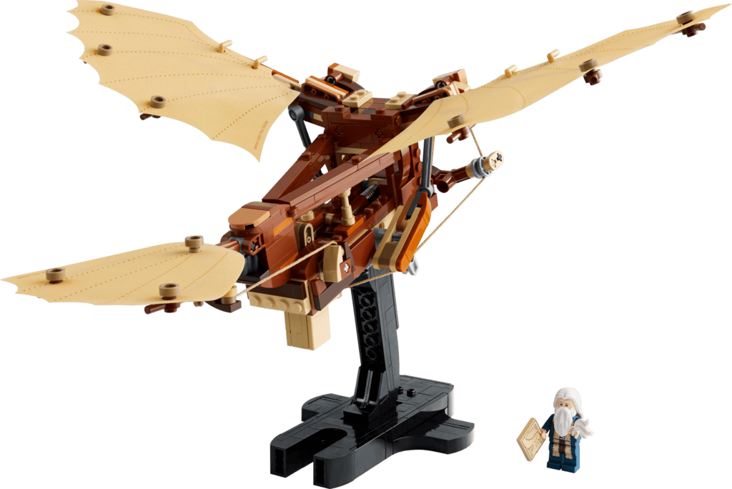 Wooden-style Lego aircraft on stand