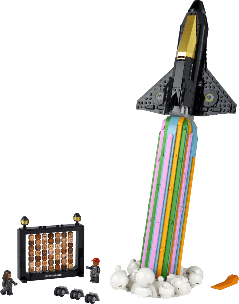 Lego rocket launching with colorful trail