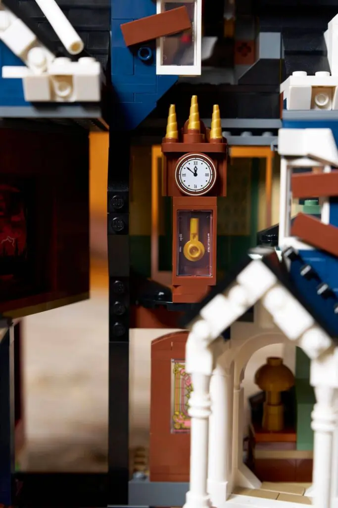 Detailed LEGO building with clock