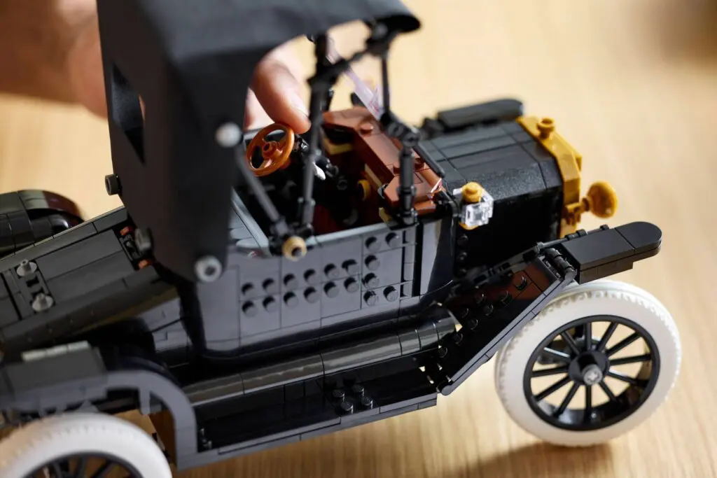 Vintage car model built with bricks