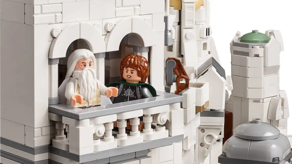 Toy figures on a LEGO castle balcony