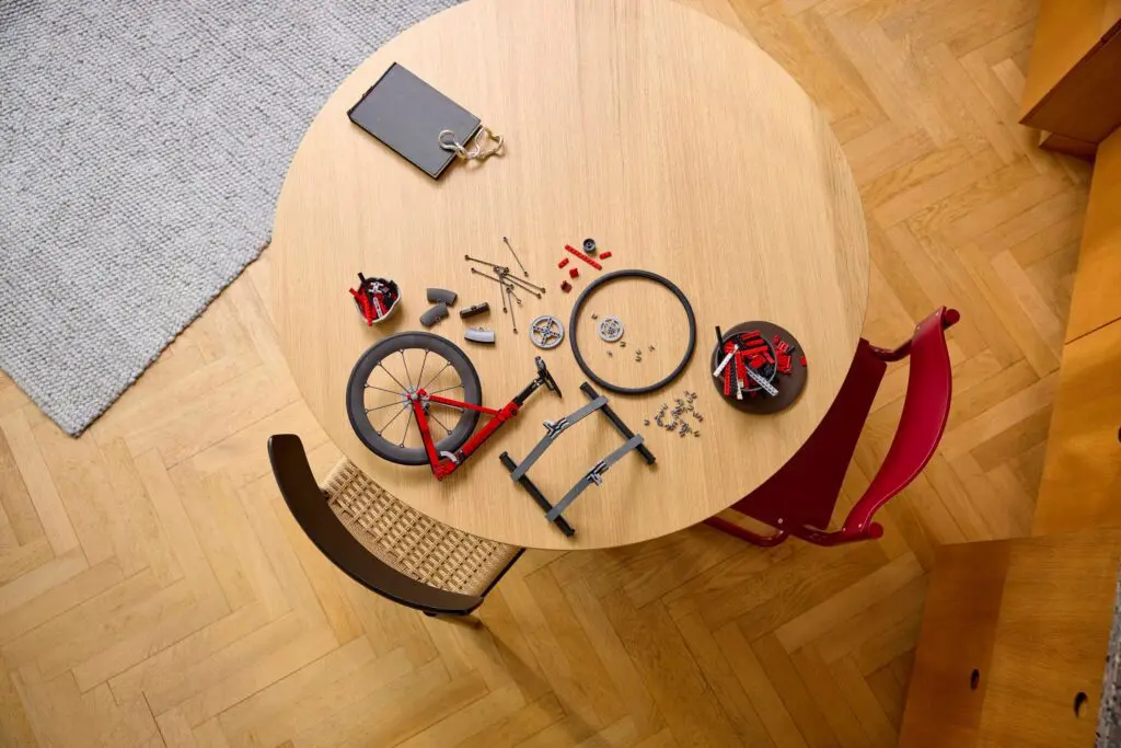 Disassembled bike components neatly arranged