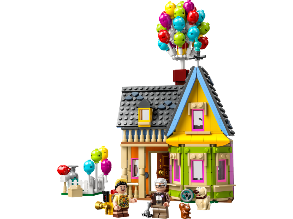LEGO house with colorful balloons and characters.