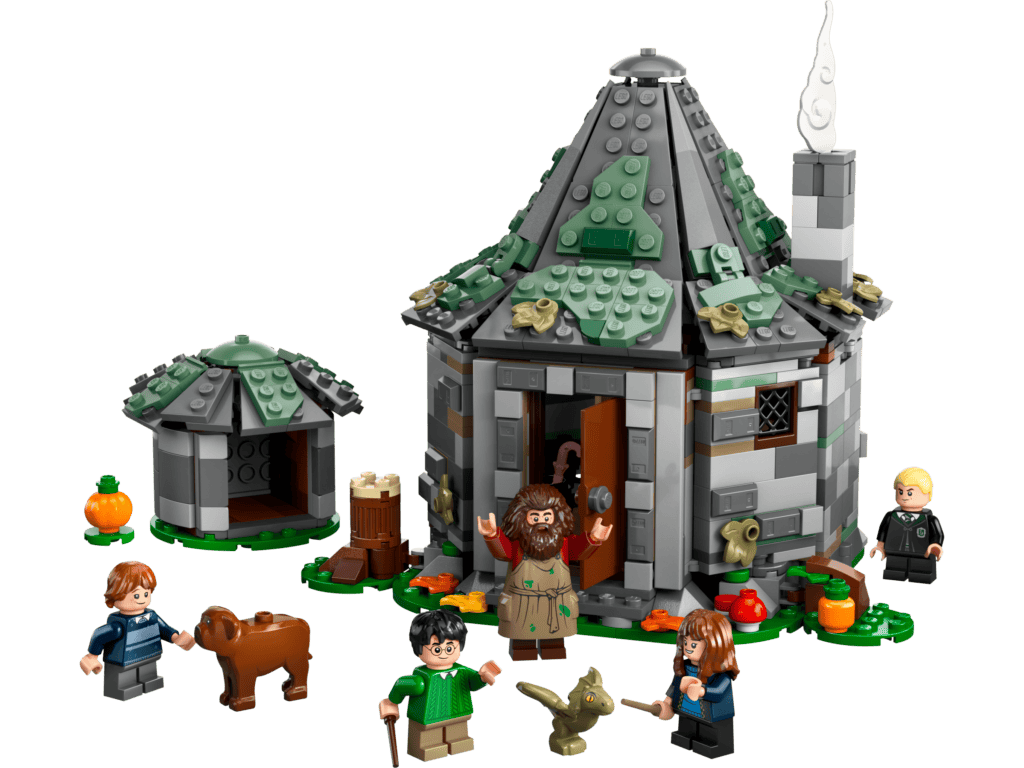 LEGO characters outside a fantasy cottage