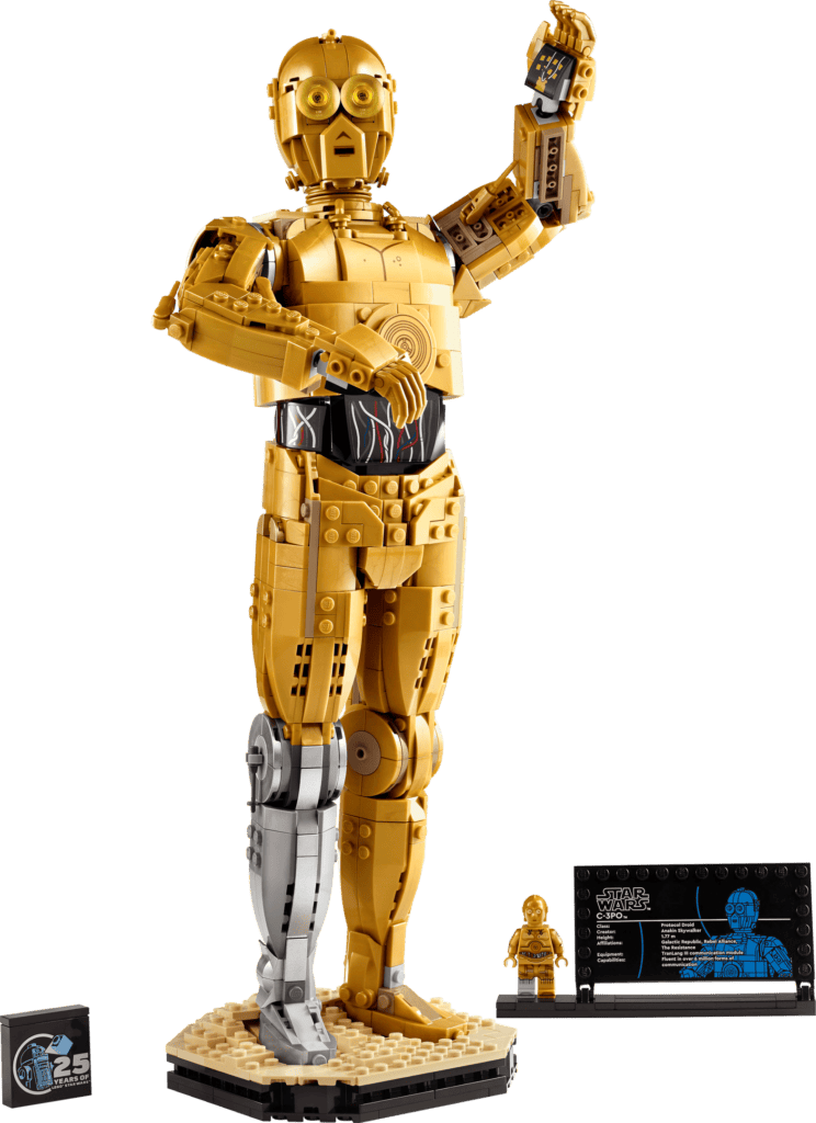 LEGO robot with informational plaque
