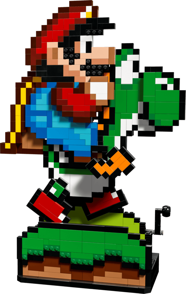 Retro video game character on green platform