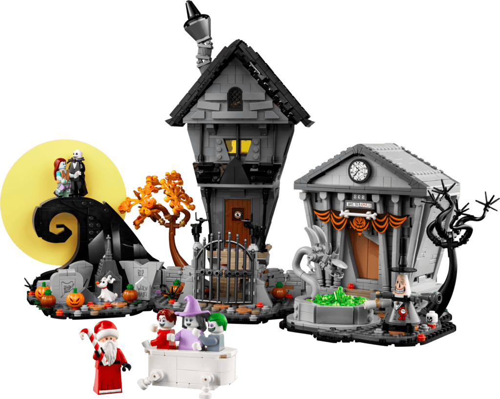 Festive LEGO display featuring a haunted house