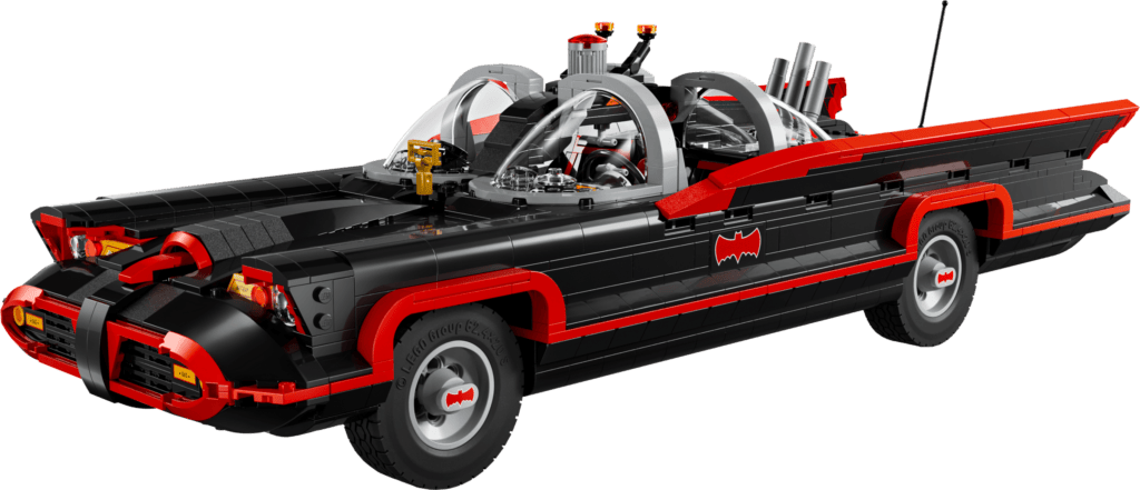 LEGO Batmobile model with red accents