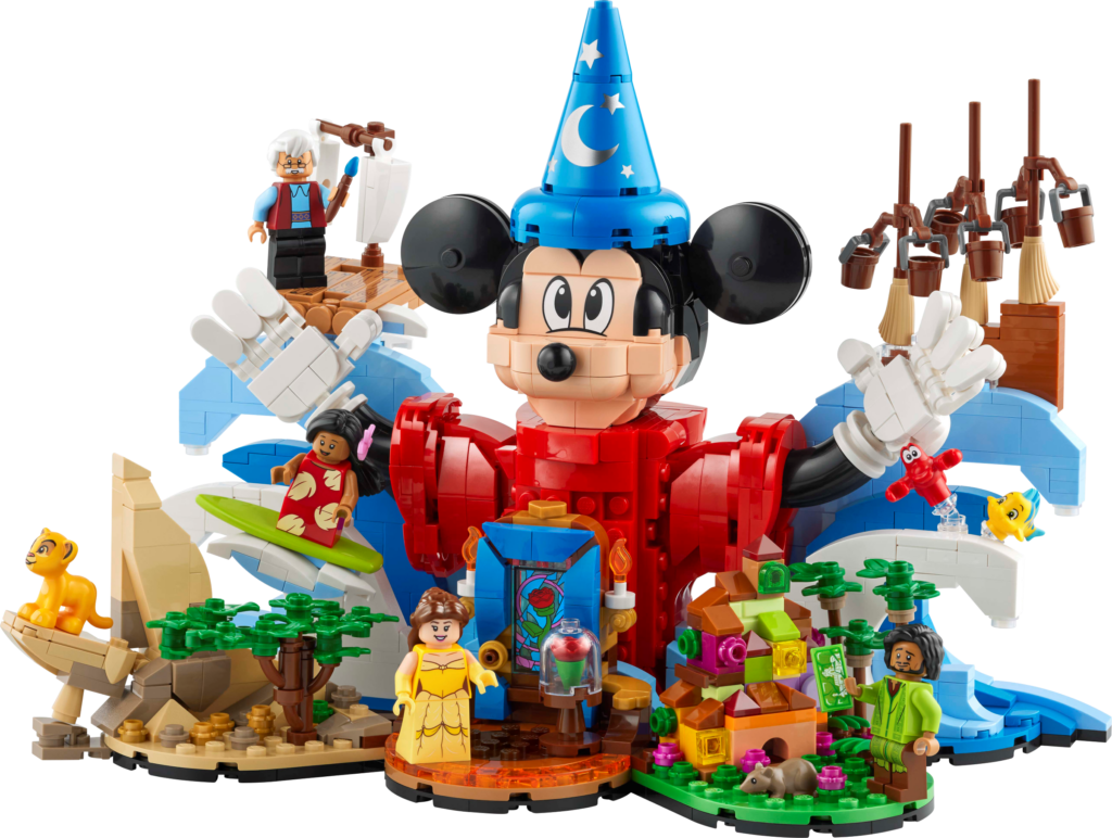 Colorful Lego display featuring iconic Disney scenes