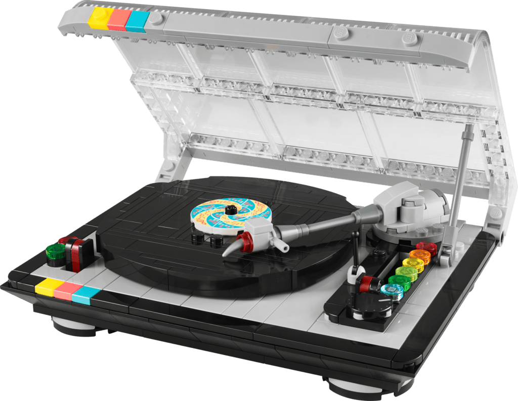 Colorful LEGO record player with open lid