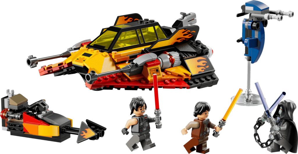 LEGO spaceship and characters with lightsabers