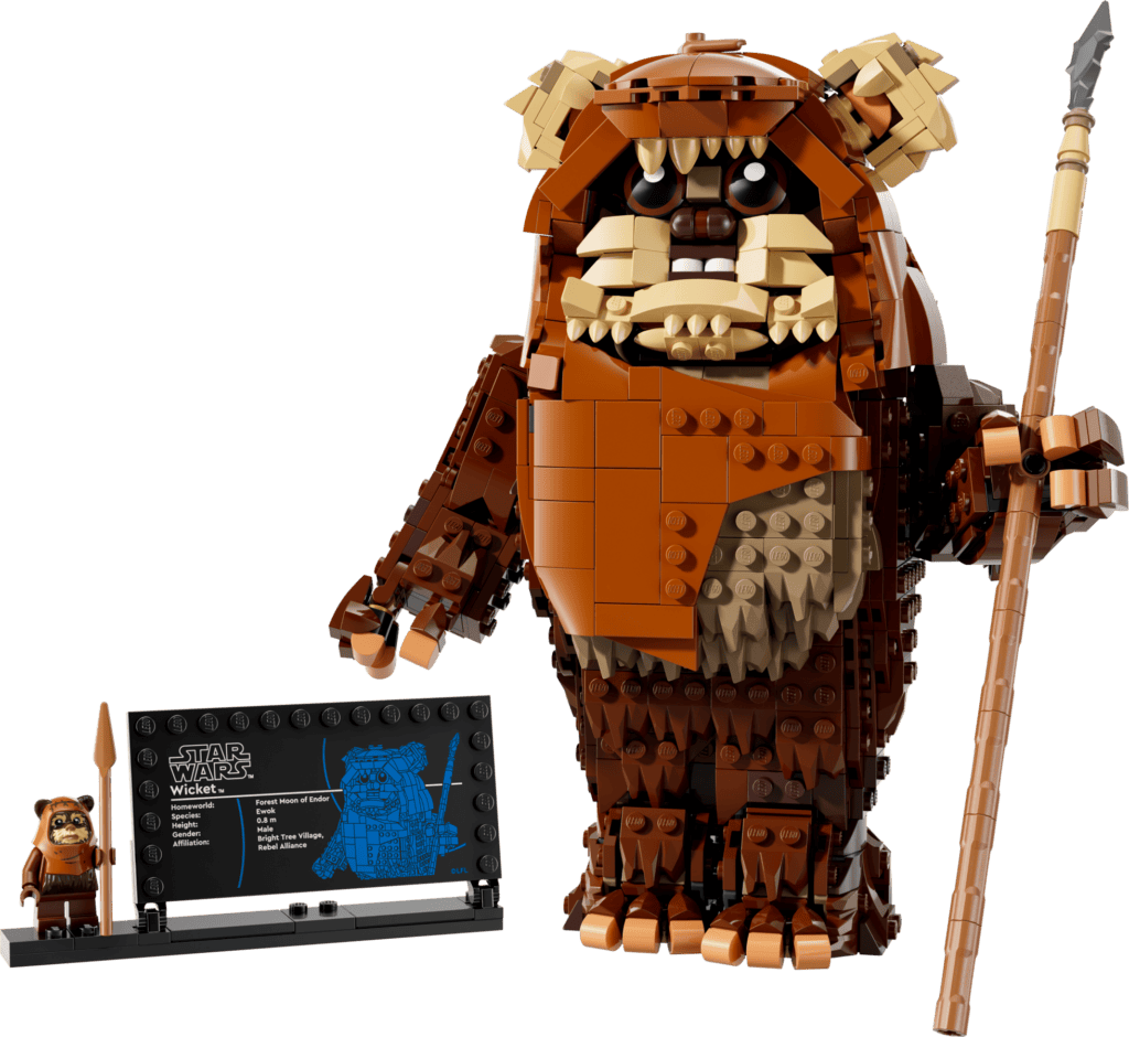 LEGO Ewok figure with informational plaque