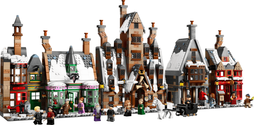 Detailed Lego street with snow-covered roofs