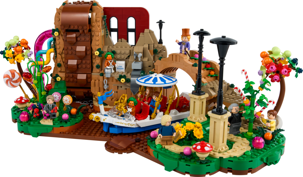 Whimsical LEGO candy landscape with figures