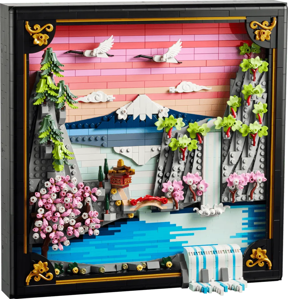 LEGO landscape with waterfall and cherry blossoms.