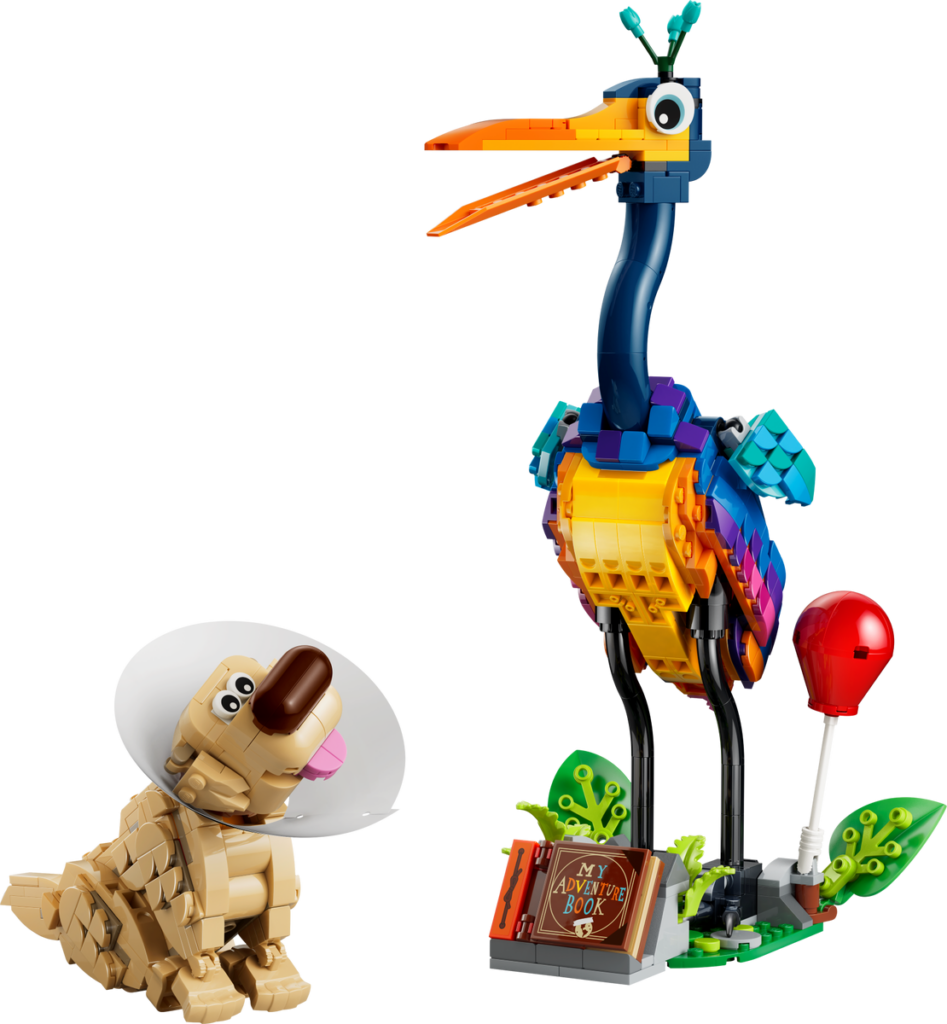 LEGO bird with vibrant colors and dog