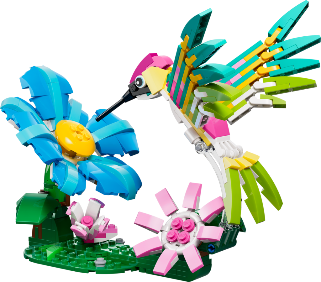 Colorful Lego hummingbird and flowers