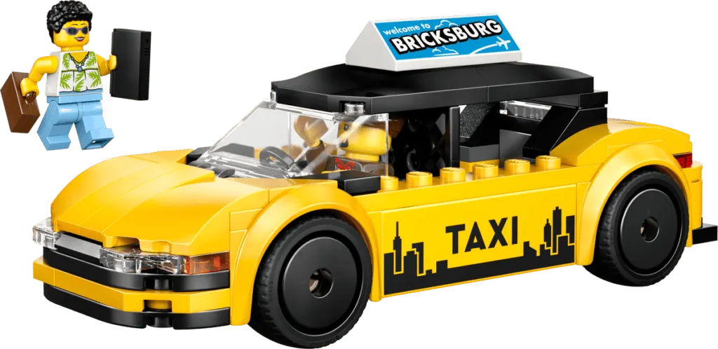 LEGO minifigure boarding yellow taxi
