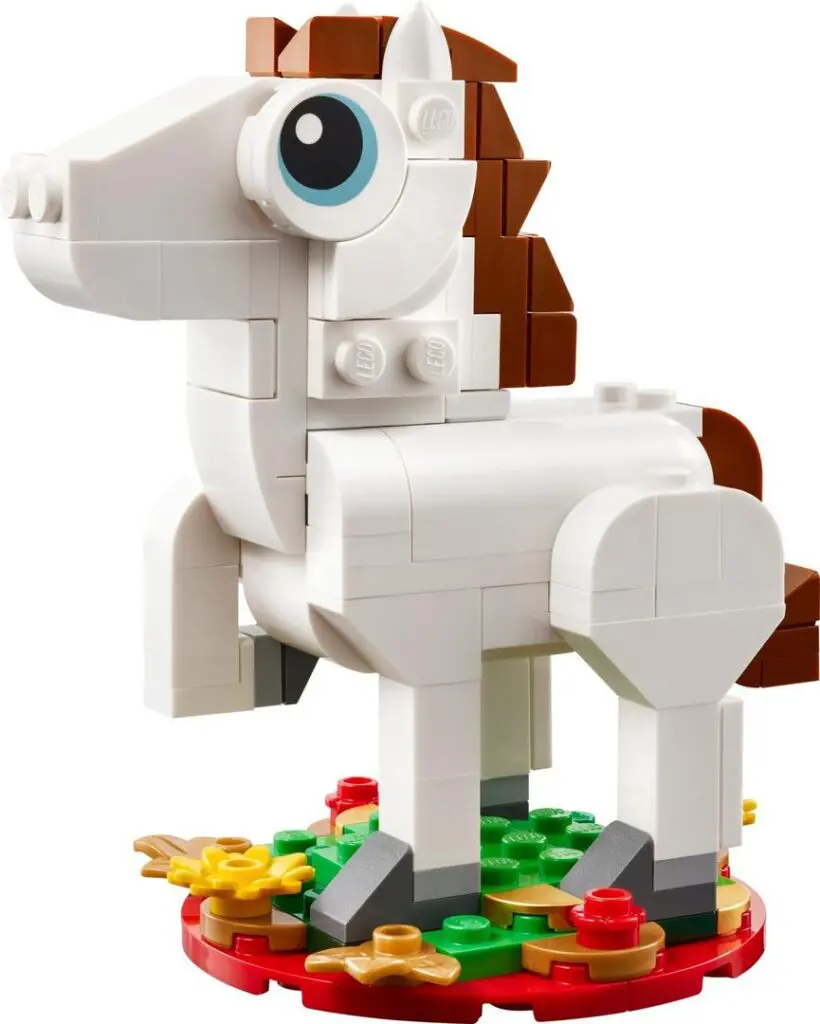 Lego brick horse model on a stand