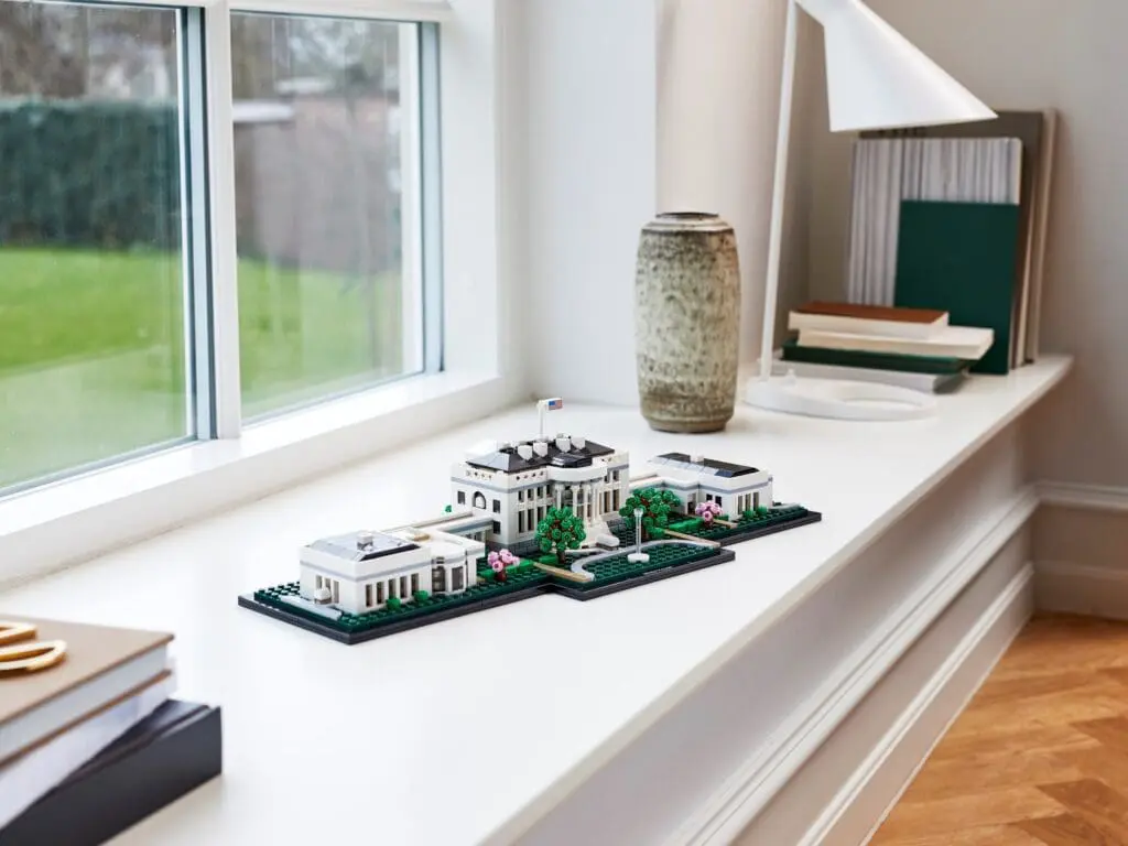 Desk decor featuring Lego architecture model