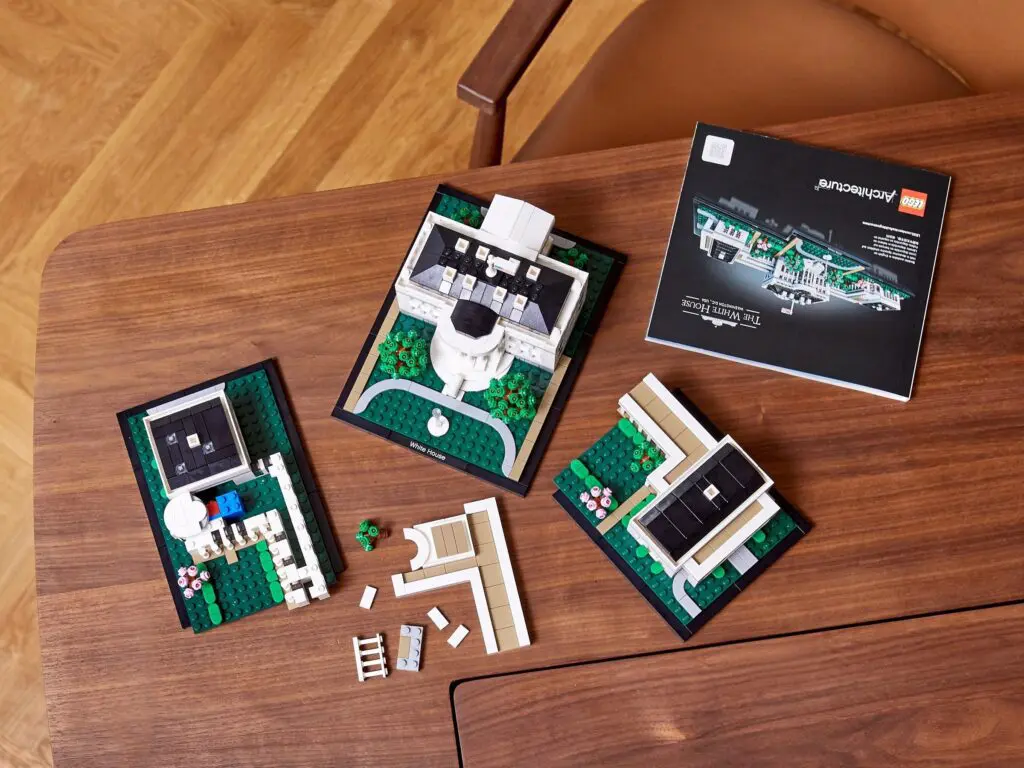 Assembled LEGO pieces and packaging on desk