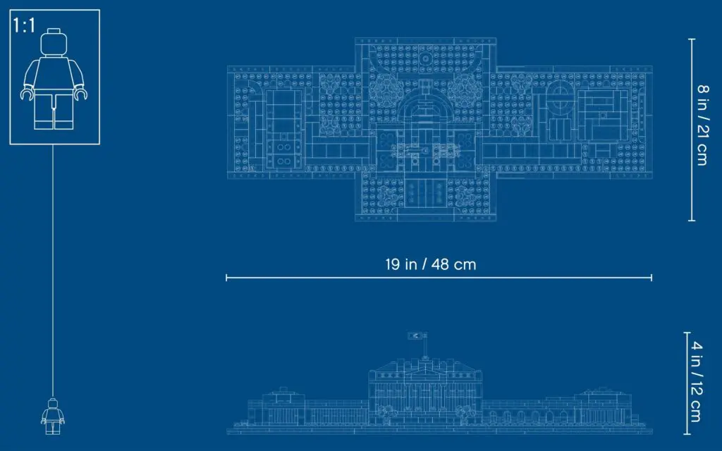 LEGO architectural blueprint with measurements