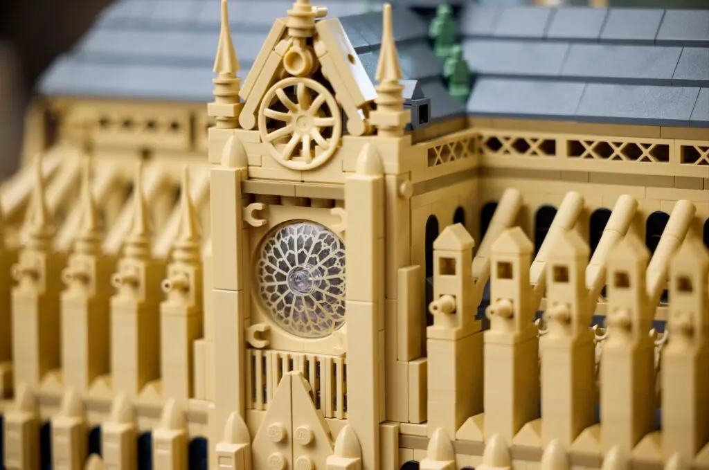 Close-up of a Lego cathedral facade