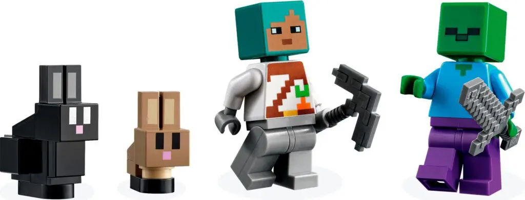 Block-style figures with weapons and bunnies