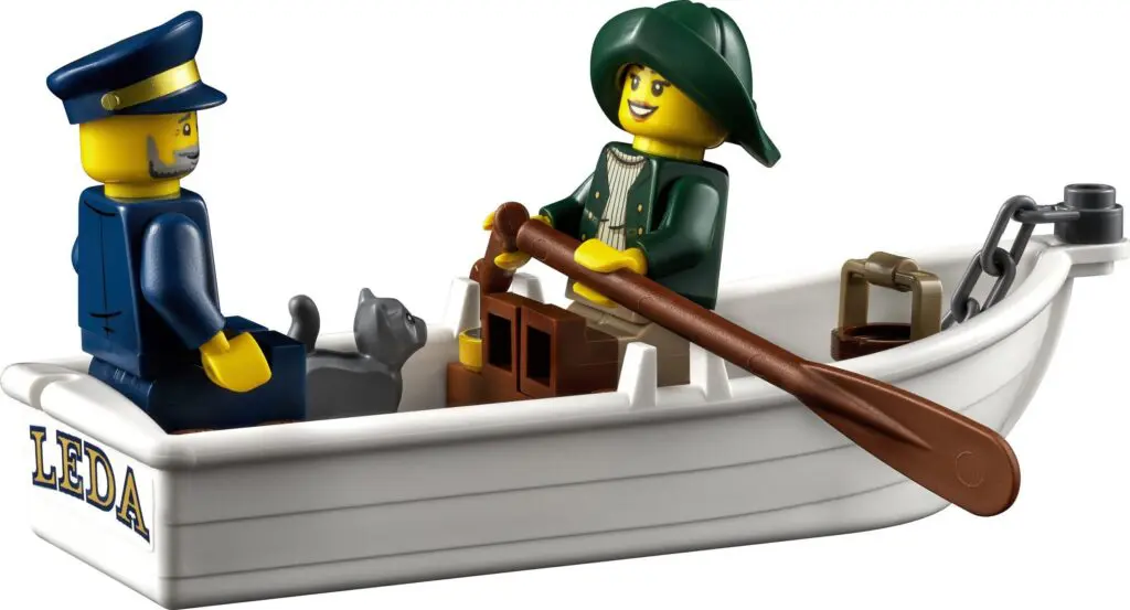 Toy figures rowing in a small boat