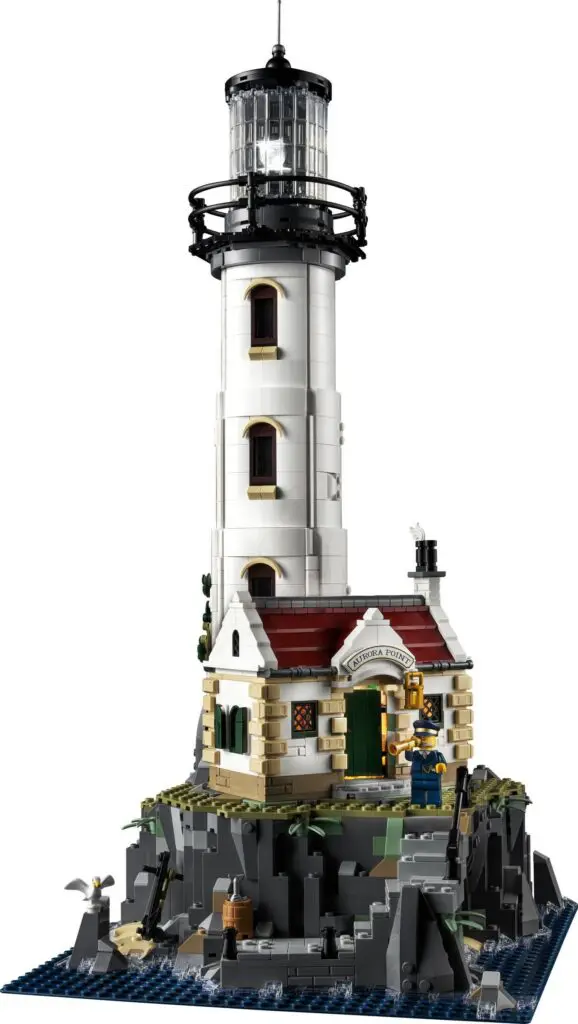 Detailed LEGO lighthouse model on cliff