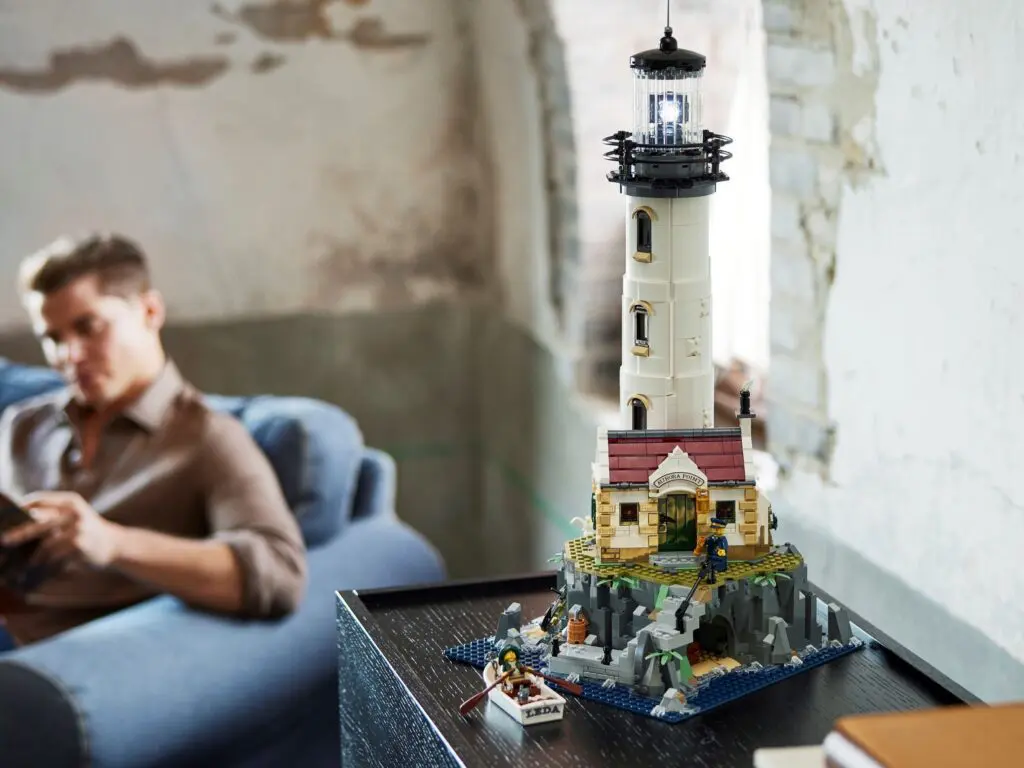 LEGO lighthouse model on table